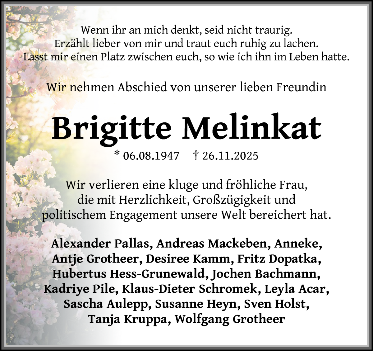 Traueranzeige von Brigitte Melinkat von WESER-KURIER