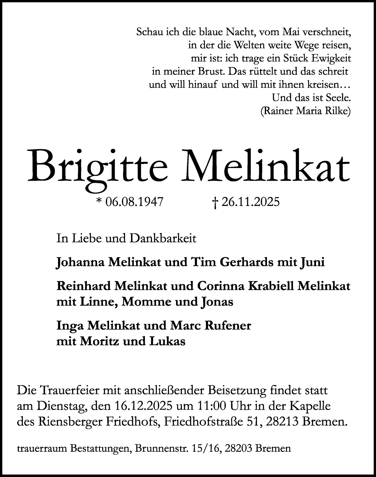 Traueranzeige von Brigitte Melinkat von WESER-KURIER