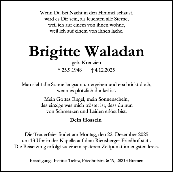 Traueranzeige von Brigitte Waladan von WESER-KURIER