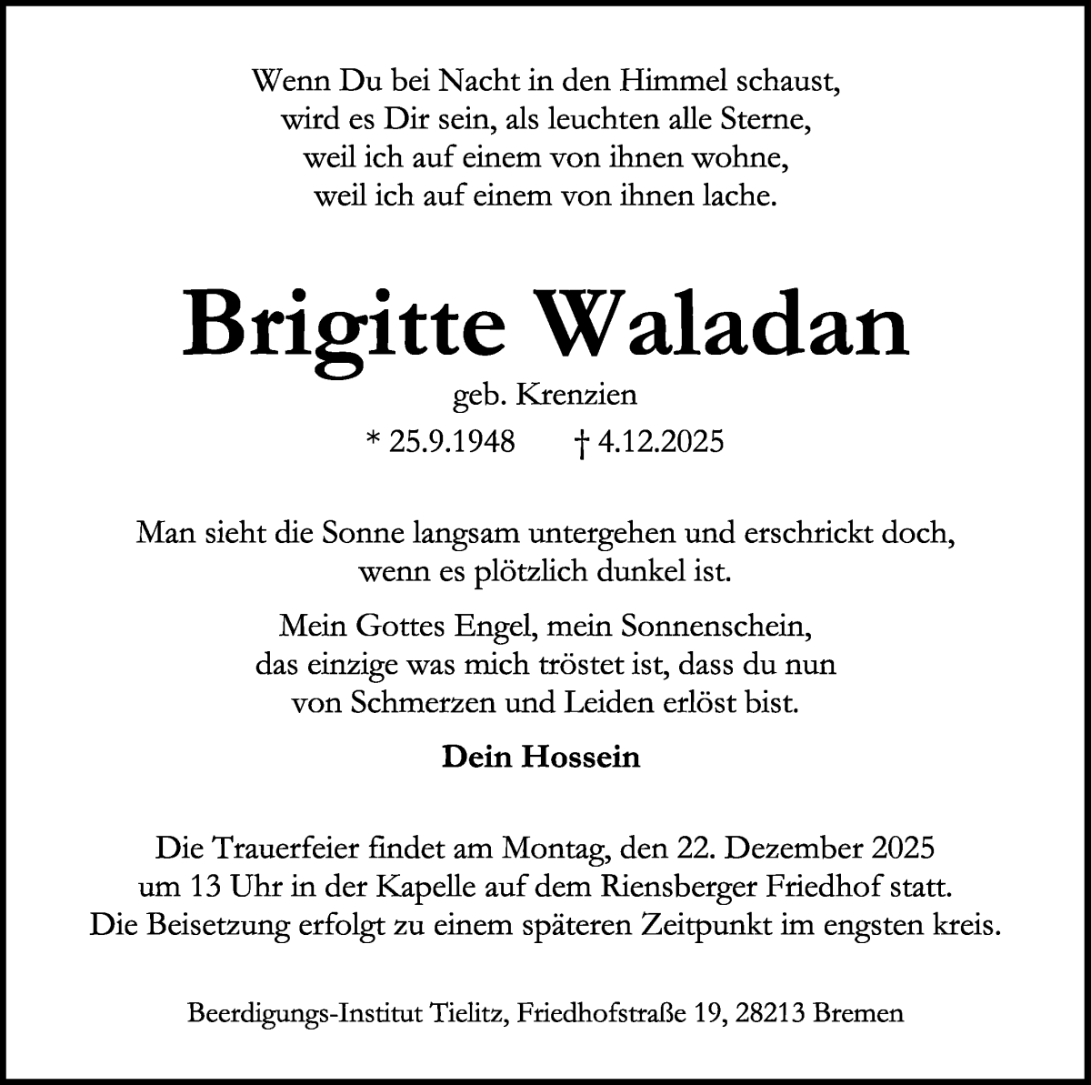 Traueranzeige für Brigitte Waladan vom 13.12.2025 aus WESER-KURIER