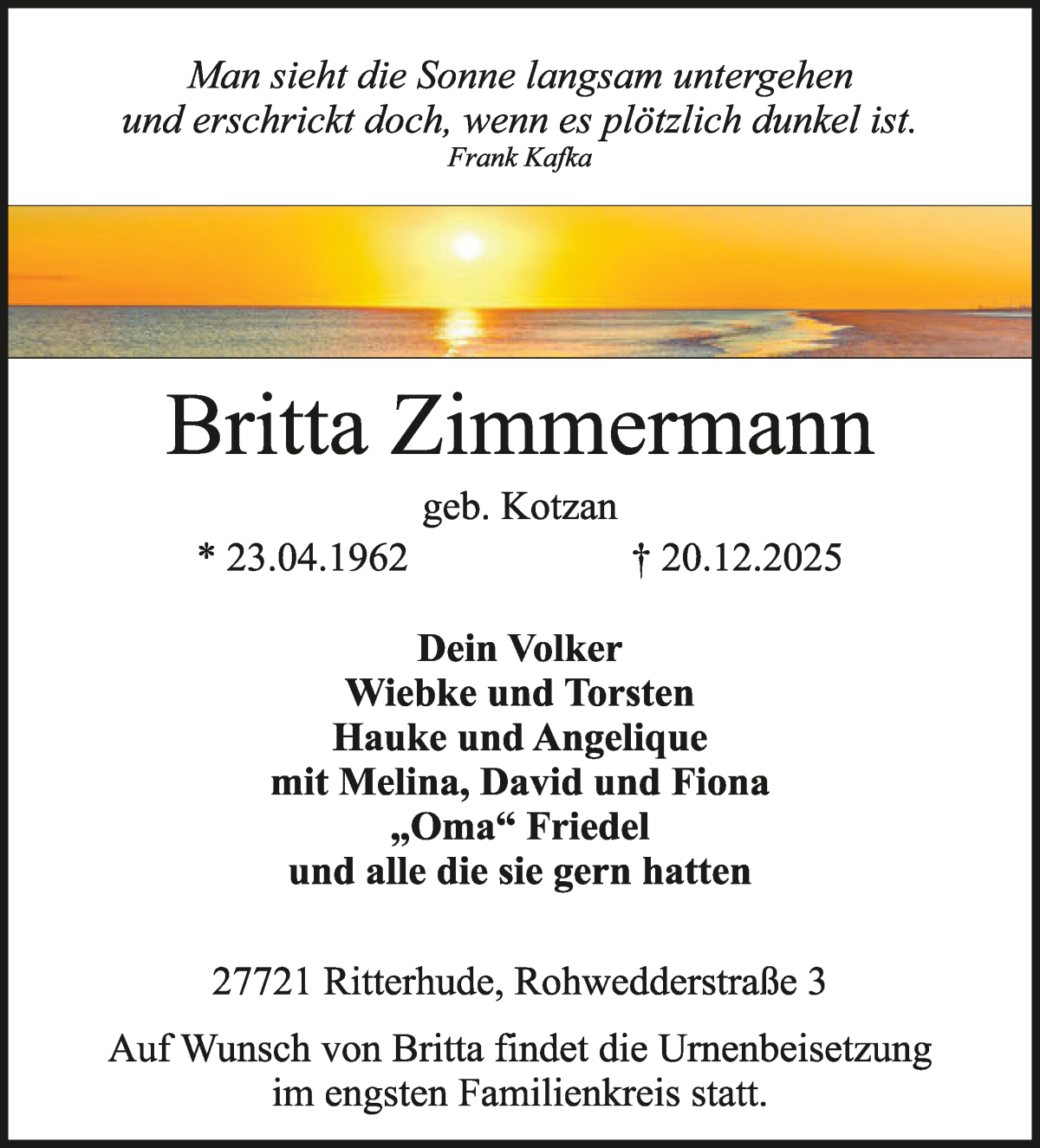 Traueranzeige von Britta Zimmermann von Osterholzer Kreisblatt