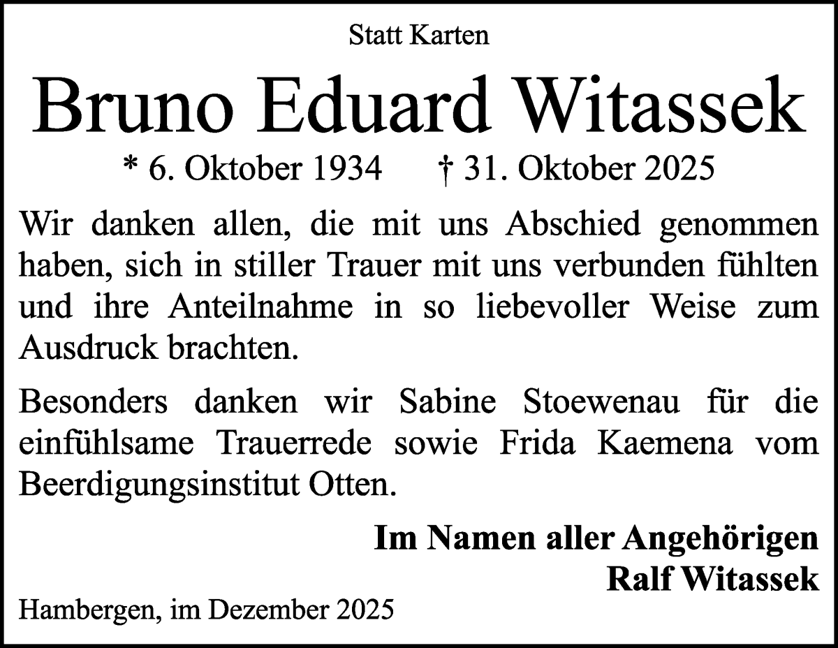 Traueranzeige von Bruno Eduard Witassek von Osterholzer Kreisblatt
