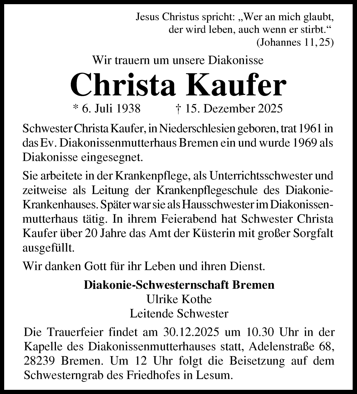 Traueranzeige von Christa Kaufer von WESER-KURIER