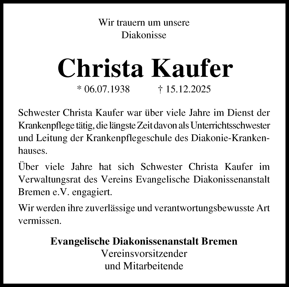 Traueranzeige von Christa Kaufer von WESER-KURIER