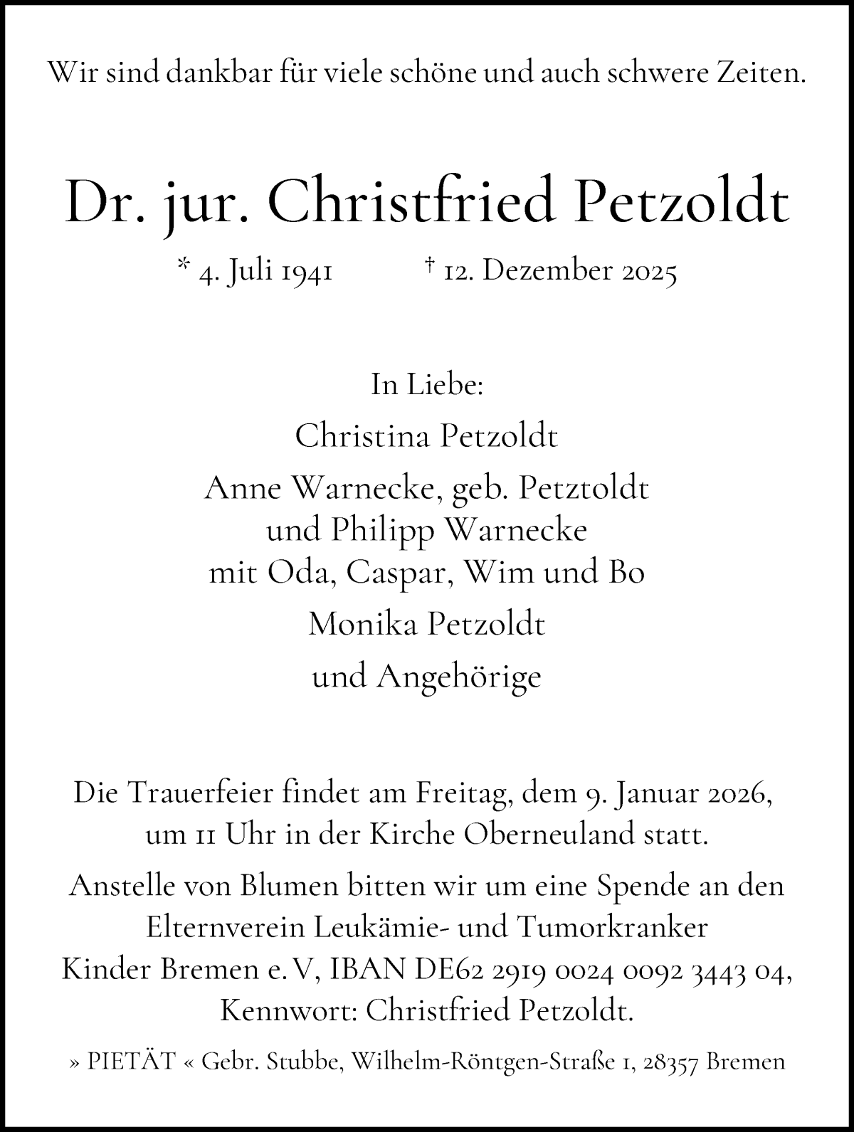  Traueranzeige für Christfried Petzoldt vom 20.12.2025 aus WESER-KURIER