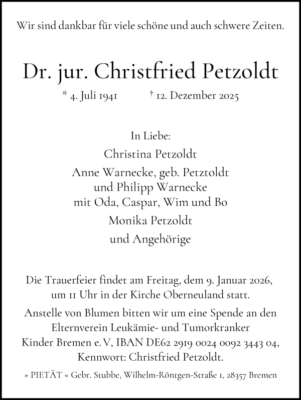 Traueranzeige von Christfried Petzoldt von WESER-KURIER