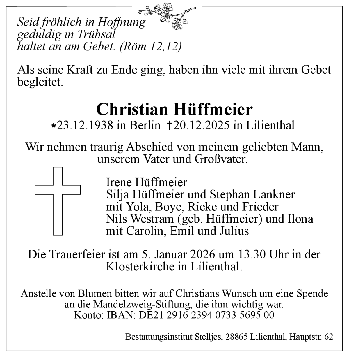 Traueranzeige von Christian Hüffmeier von Wuemme Zeitung