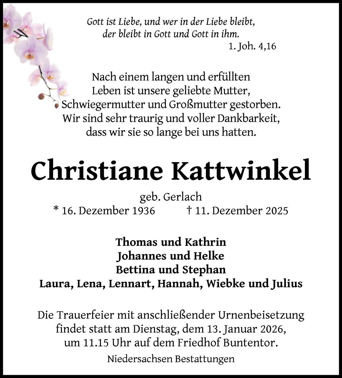 Traueranzeige von Christiane Kattwinkel von WESER-KURIER
