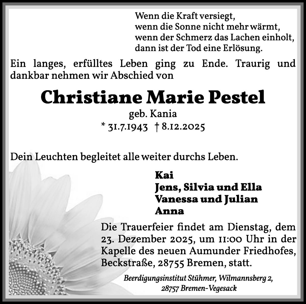 Traueranzeige von Christiane Marie Pestel von Die Norddeutsche