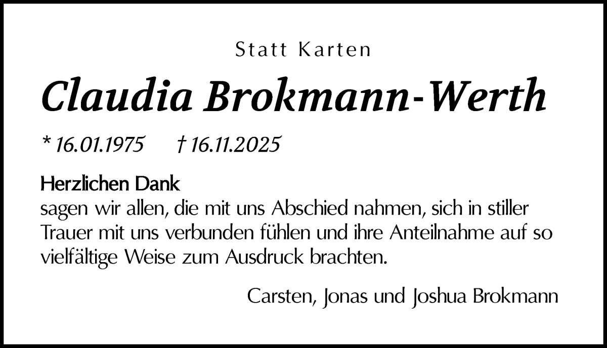 Traueranzeige von Claudia Brokmann-Werth von Die Norddeutsche