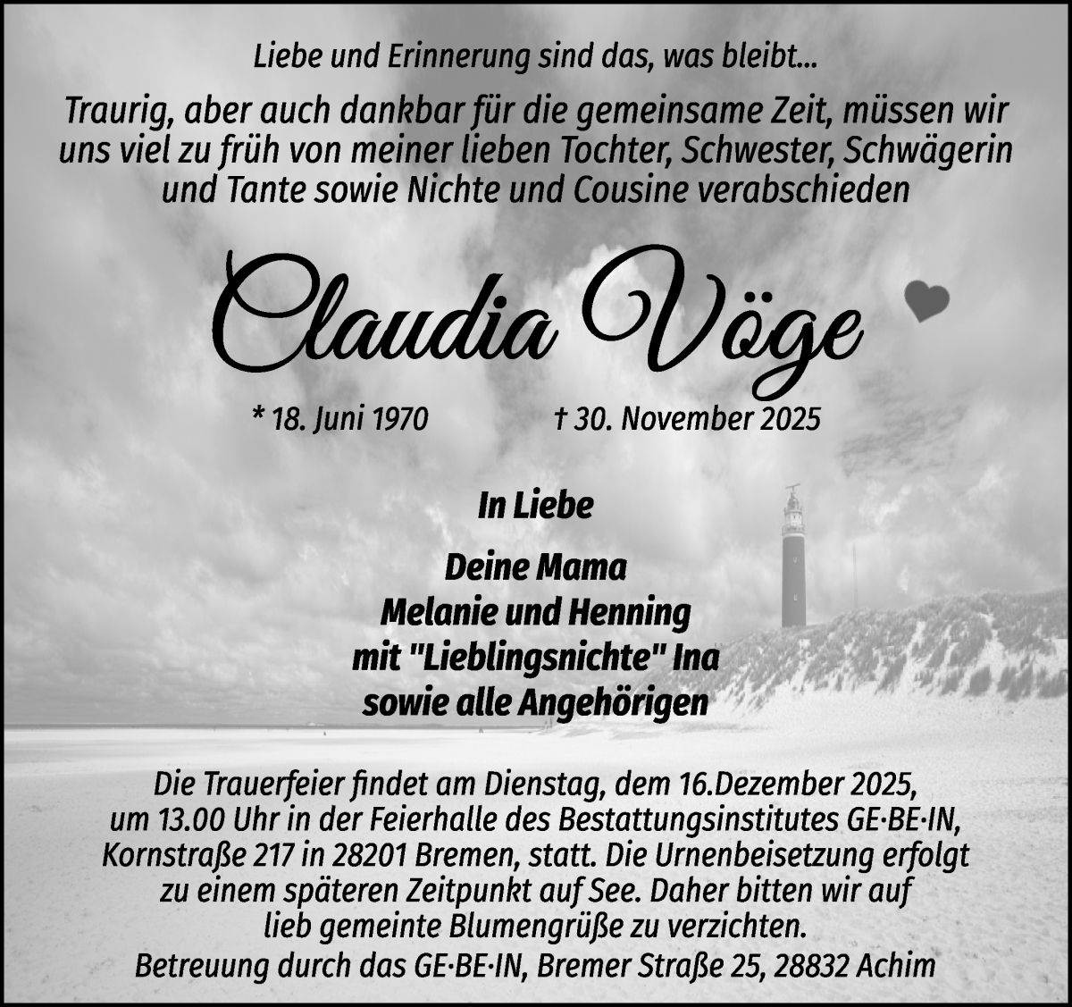  Traueranzeige für Claudia Vöge vom 06.12.2025 aus WESER-KURIER
