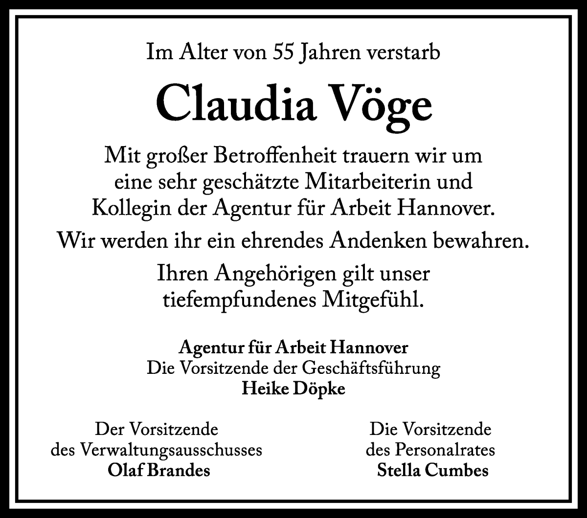  Traueranzeige für Claudia Vöge vom 06.12.2025 aus WESER-KURIER