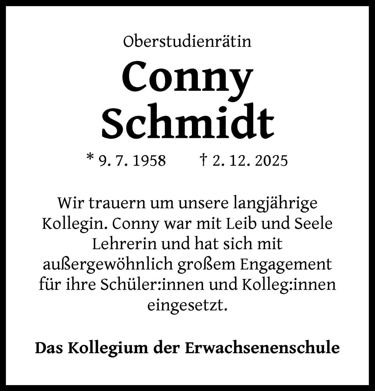  Traueranzeige für Conny Schmidt vom 06.12.2025 aus WESER-KURIER