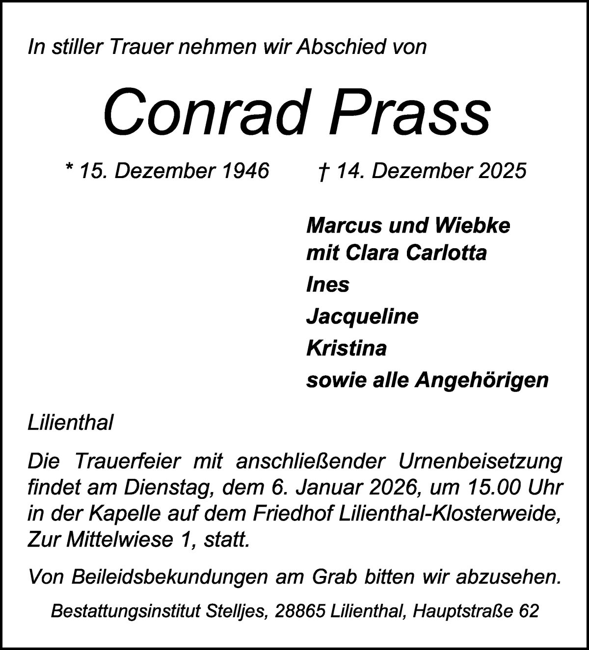 Traueranzeige von Conrad Prass von Wuemme Zeitung
