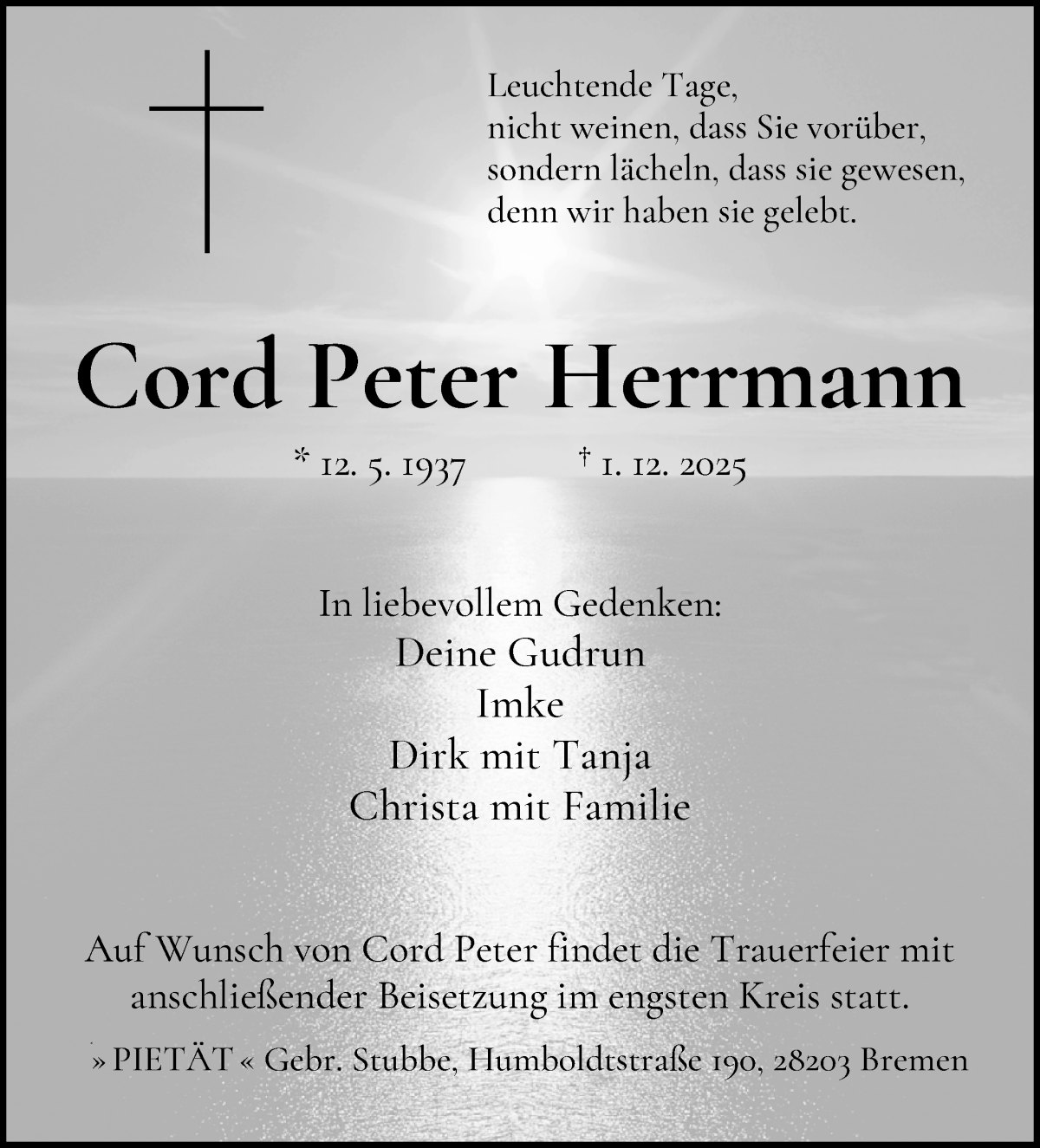  Traueranzeige für Cord Peter Herrmann vom 06.12.2025 aus WESER-KURIER