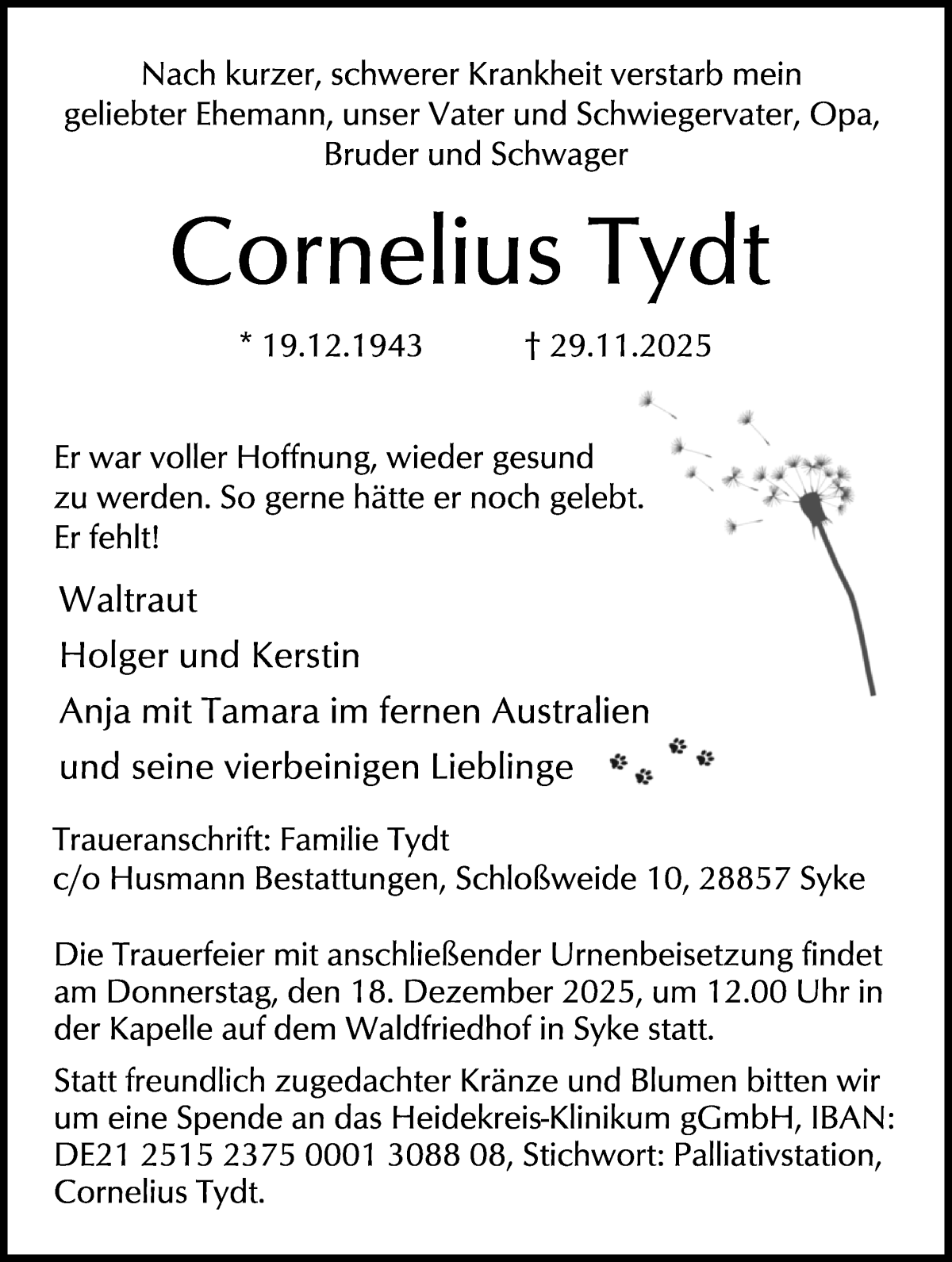  Traueranzeige für Cornelius Tydt vom 06.12.2025 aus WESER-KURIER