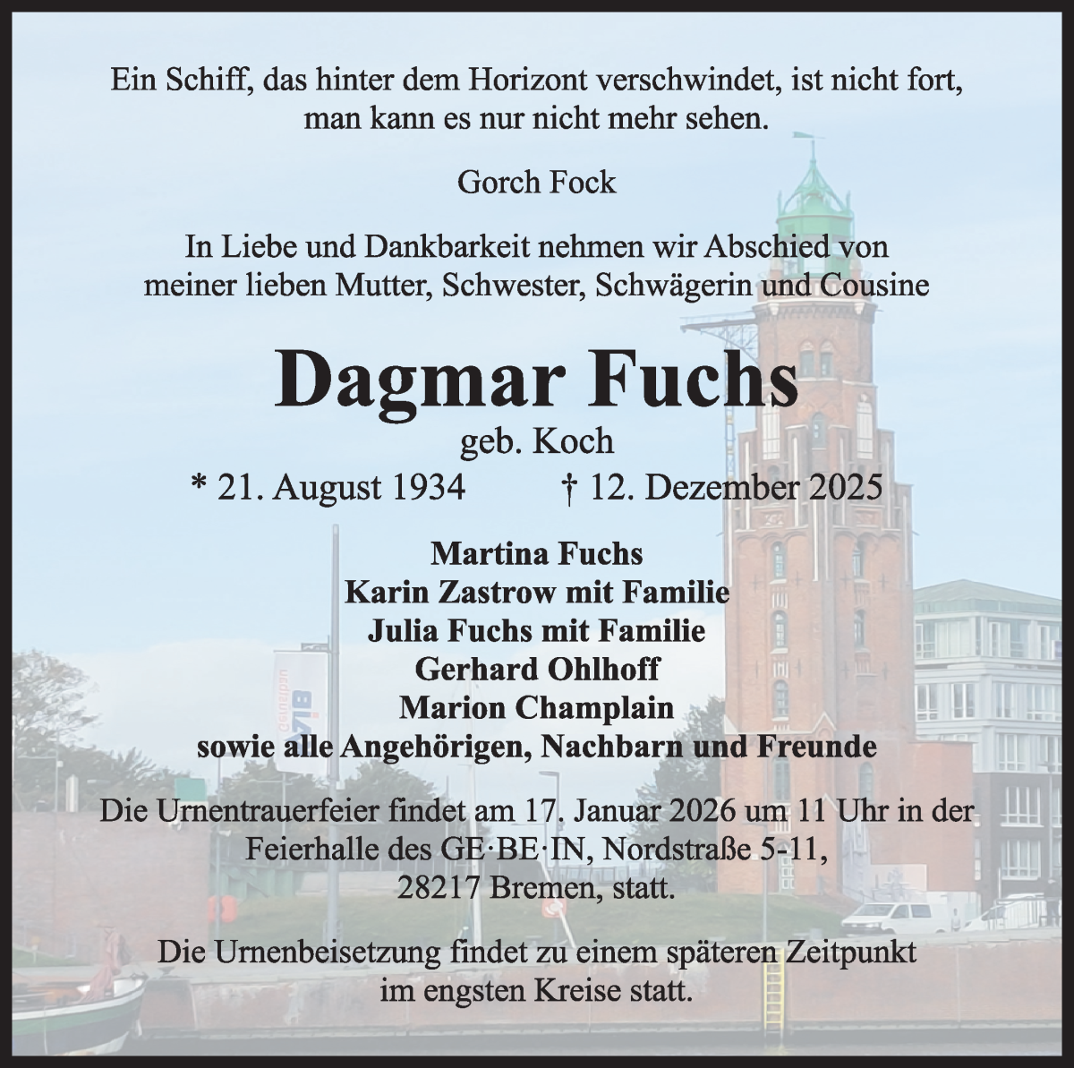 Traueranzeige von Dagmar Fuchs von WESER-KURIER