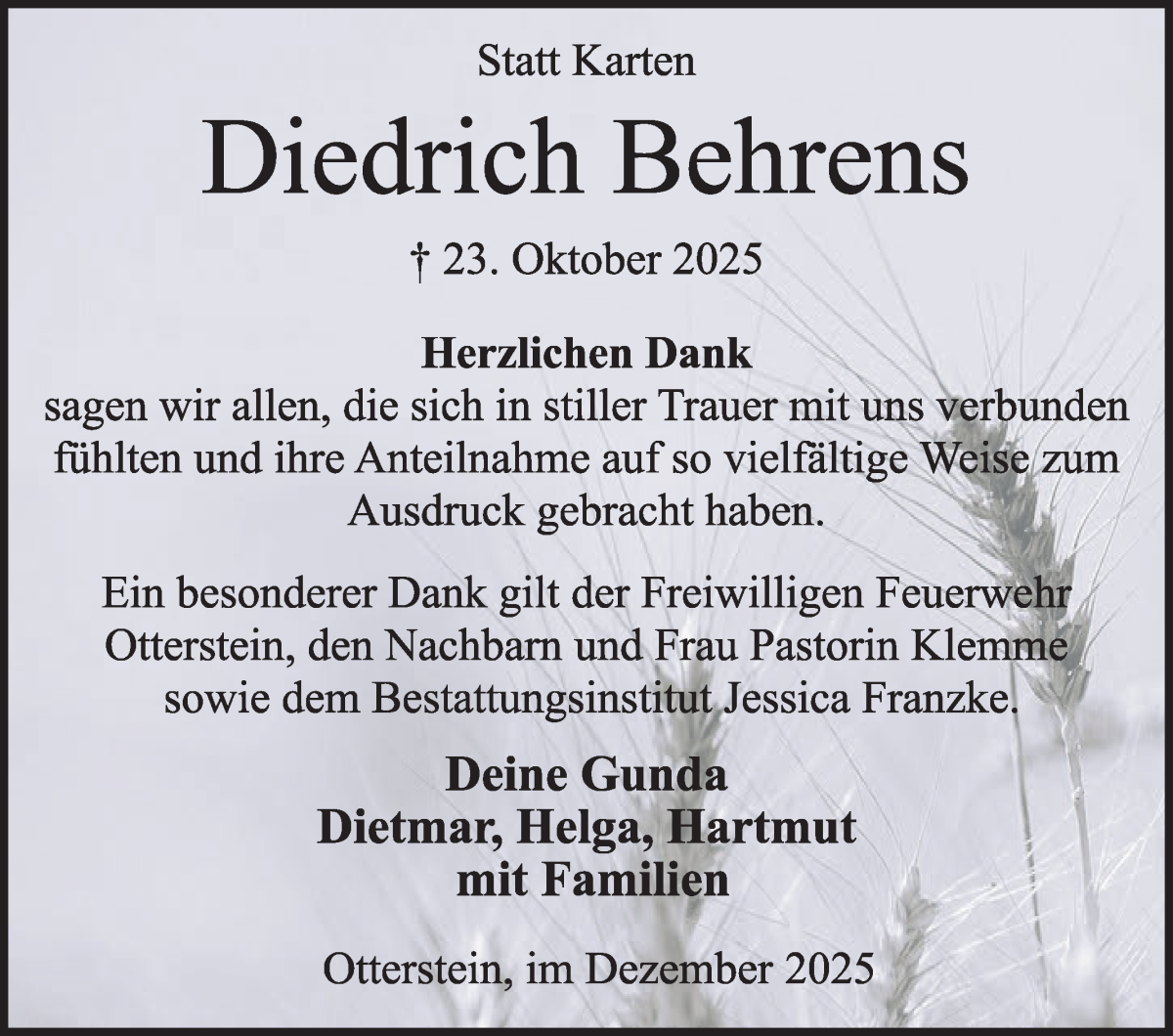 Traueranzeige von Diedrich Behrens von Wuemme Zeitung