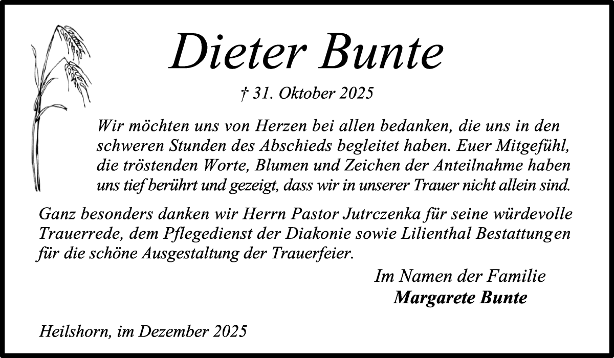Traueranzeige von Dieter Bunte von Osterholzer Kreisblatt