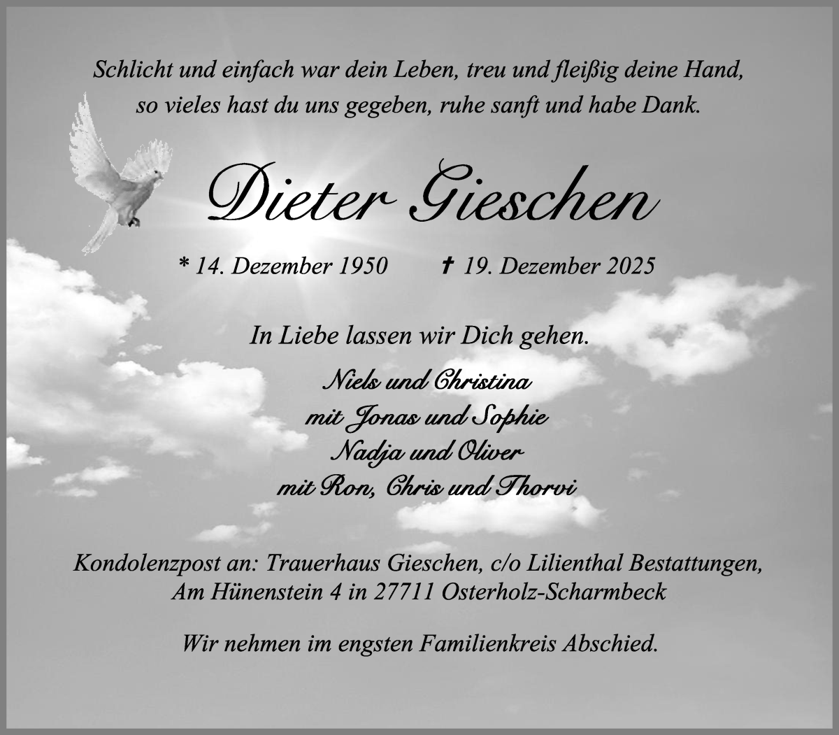 Traueranzeige von Dieter Gieschen von Osterholzer Kreisblatt