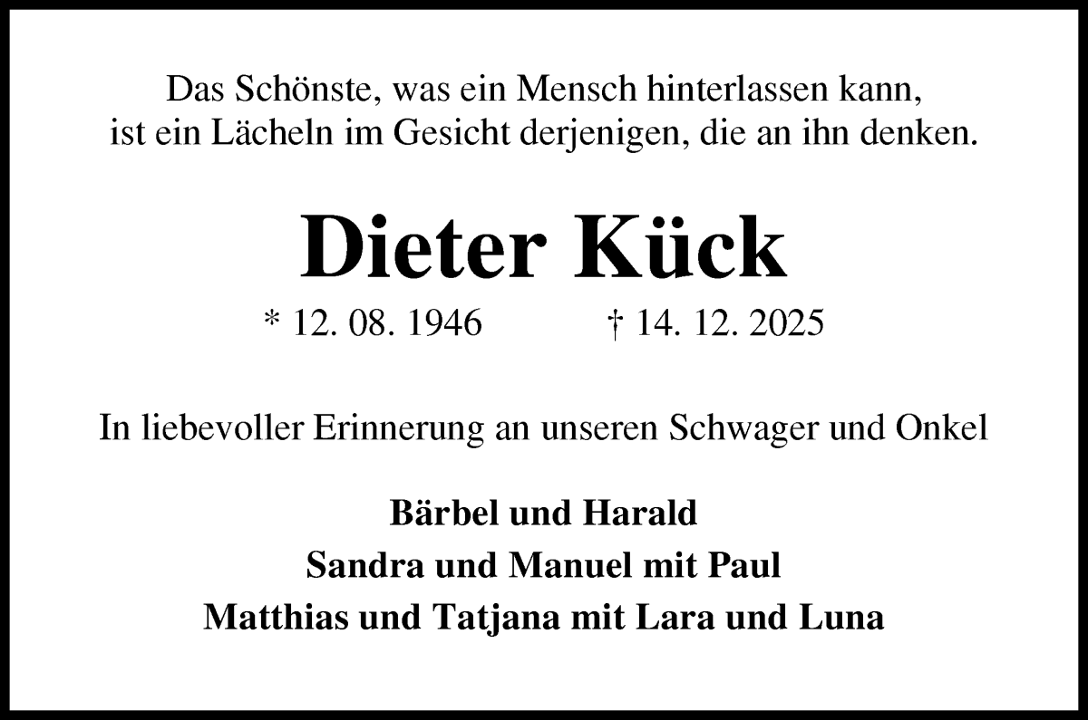 Traueranzeige von Dieter Kück von Osterholzer Kreisblatt