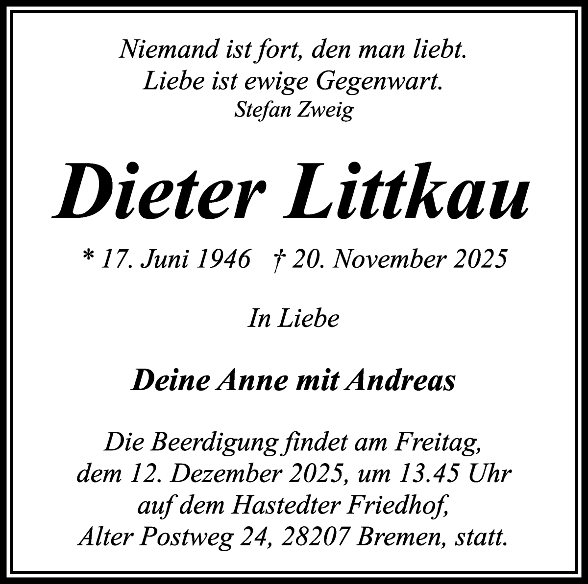 Traueranzeige von Dieter Littkau von WESER-KURIER