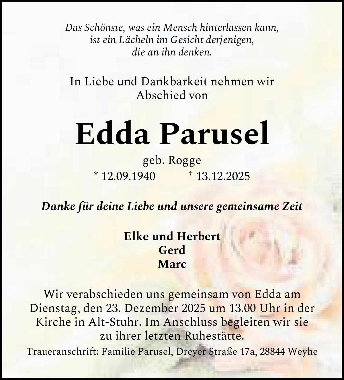 Traueranzeige von Edda Parusel von WESER-KURIER