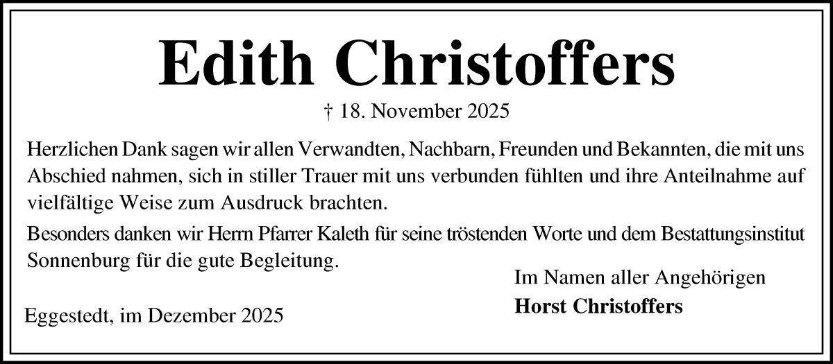 Traueranzeige von Edith Christoffers von Die Norddeutsche
