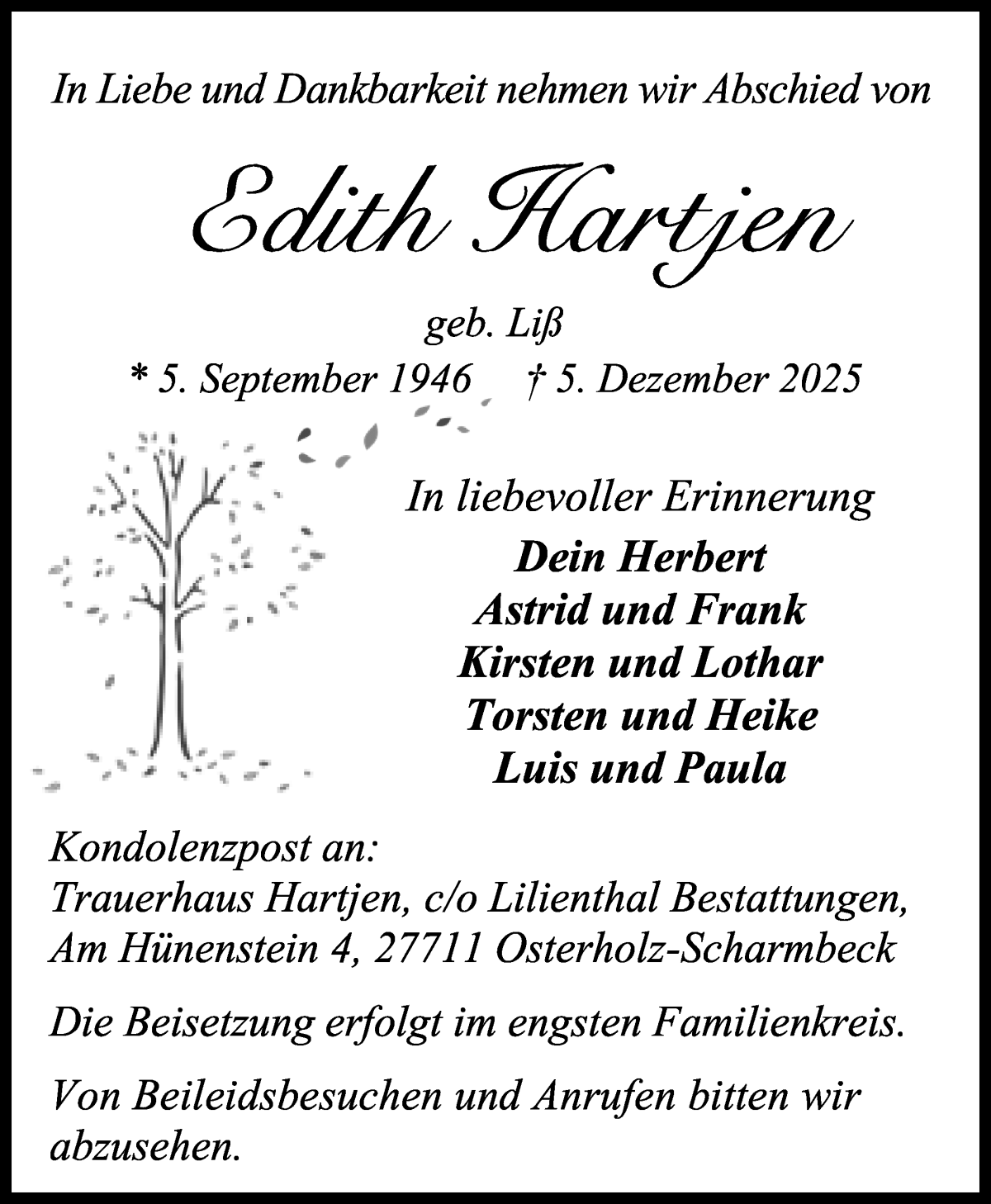 Traueranzeige von Edith Hartjen von Osterholzer Kreisblatt