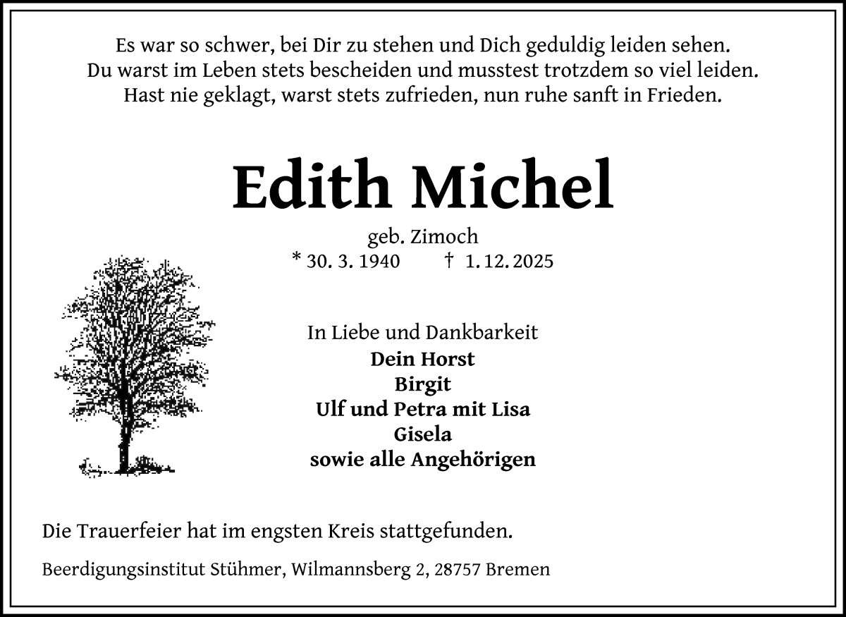 Traueranzeige von Edith Michel von Die Norddeutsche