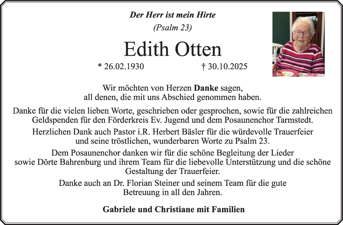 Traueranzeige von Edith Otten von Wuemme Zeitung