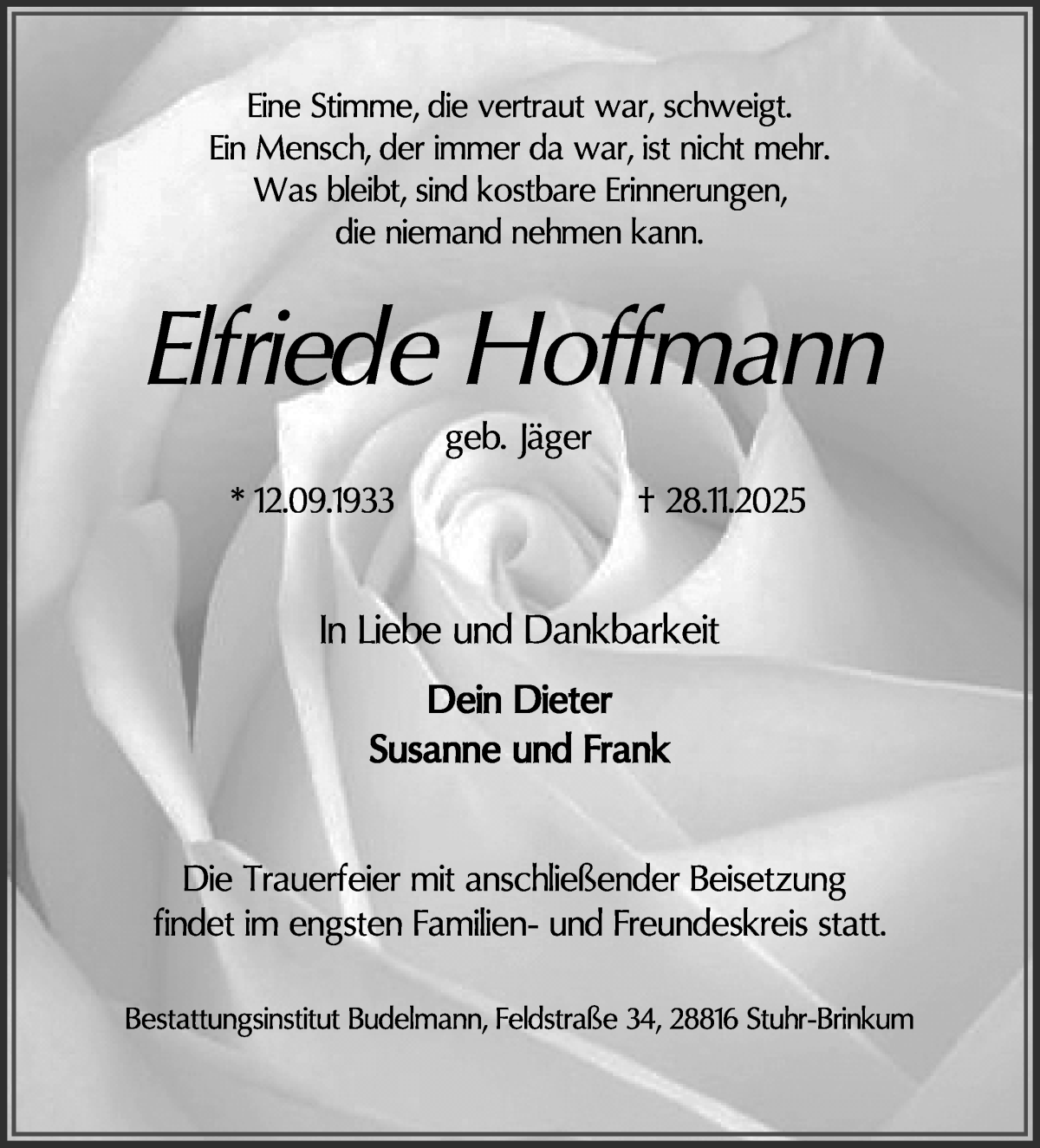 Traueranzeige von Elfriede Hoffmann von Regionale Rundschau/Syker Kurier