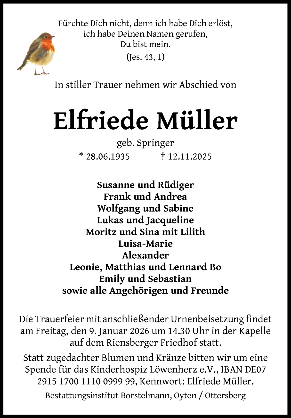 Traueranzeige von Elfriede Müller von WESER-KURIER
