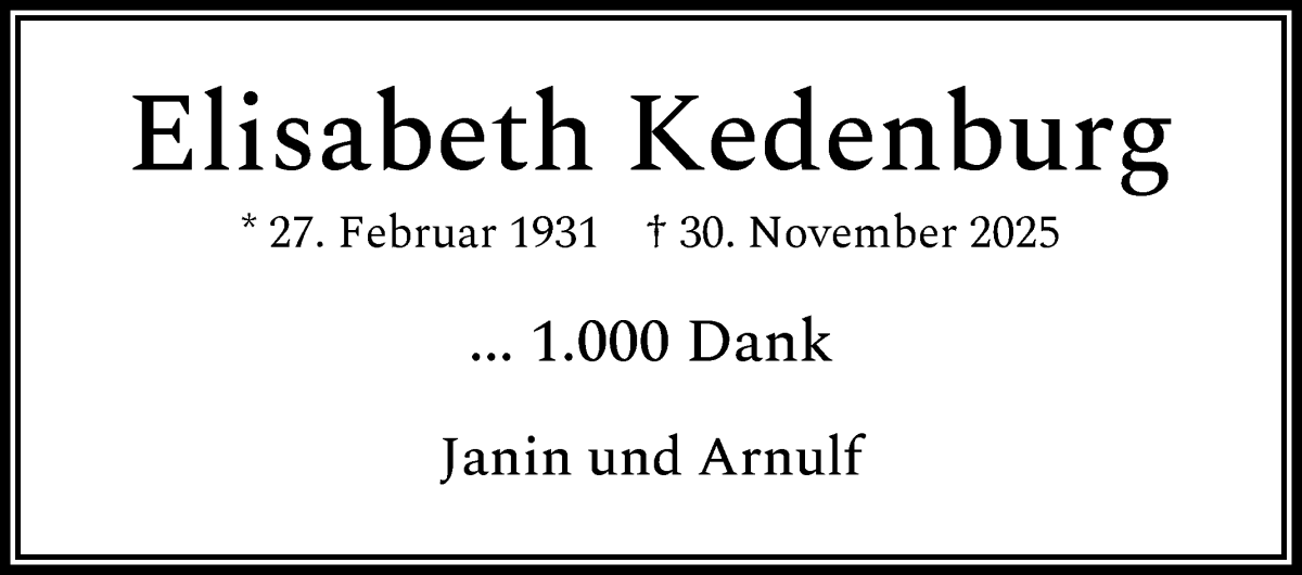 Traueranzeige von Elisabeth Kedenburg von WESER-KURIER