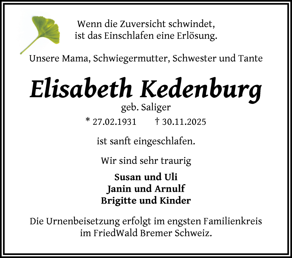Traueranzeige von Elisabeth Kedenburg von WESER-KURIER