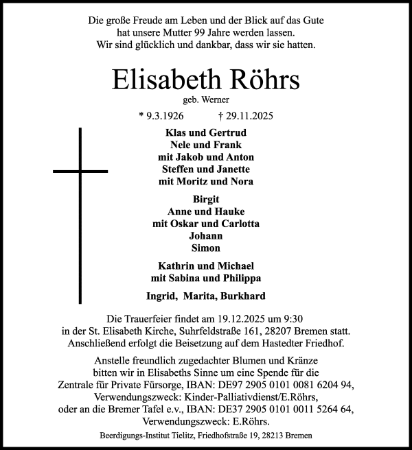 Traueranzeige von Elisabeth Röhrs von WESER-KURIER