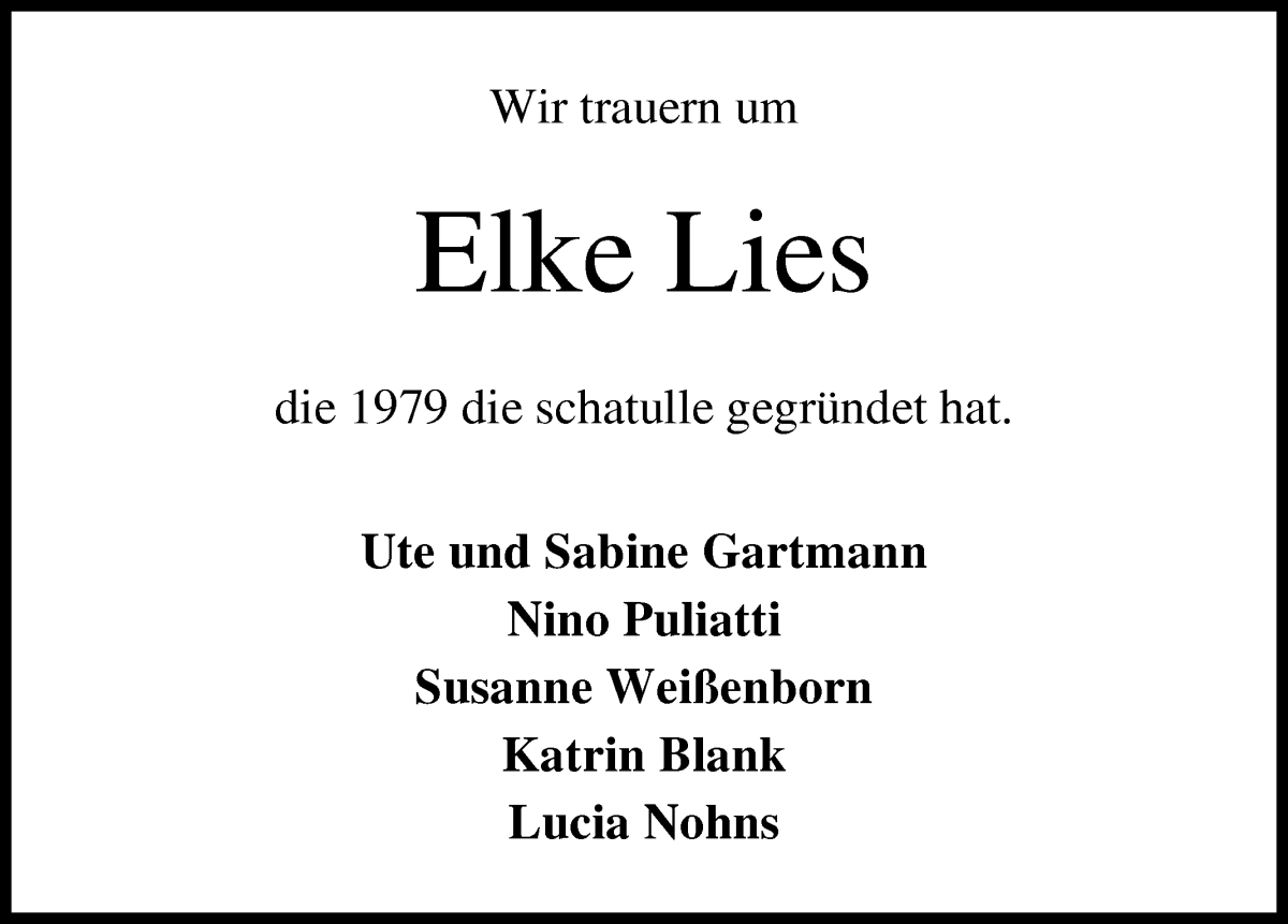 Traueranzeige von Elke Lies von Osterholzer Kreisblatt