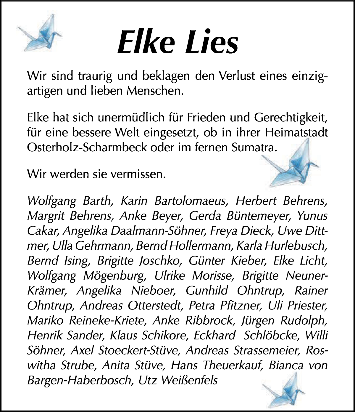 Traueranzeige von Elke Lies von Osterholzer Kreisblatt