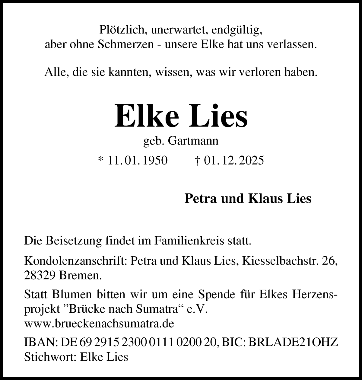 Traueranzeige von Elke Lies von WESER-KURIER