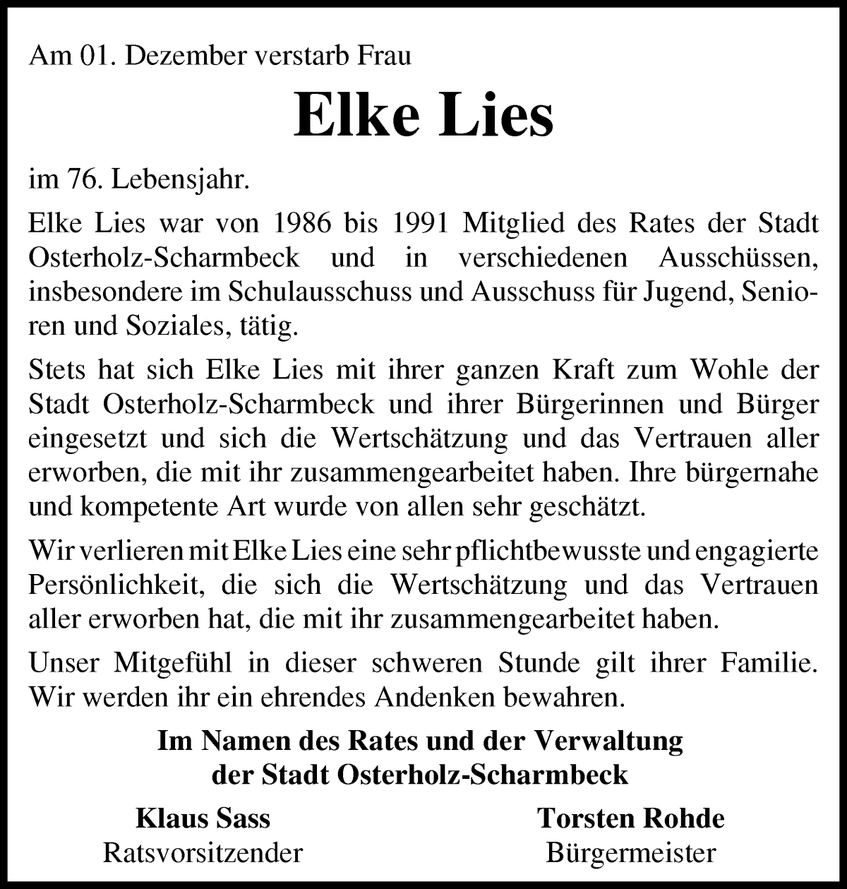 Traueranzeige von Elke Lies von Osterholzer Kreisblatt
