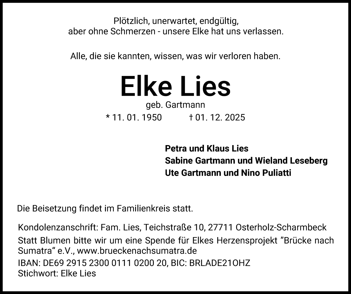 Traueranzeige von Elke Lies von Osterholzer Kreisblatt