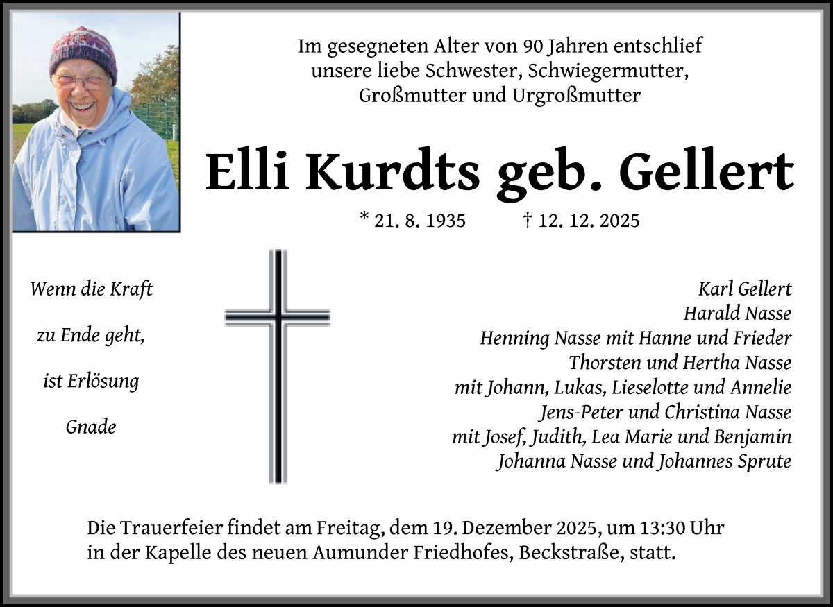 Traueranzeige von Elli Kurdts von Die Norddeutsche