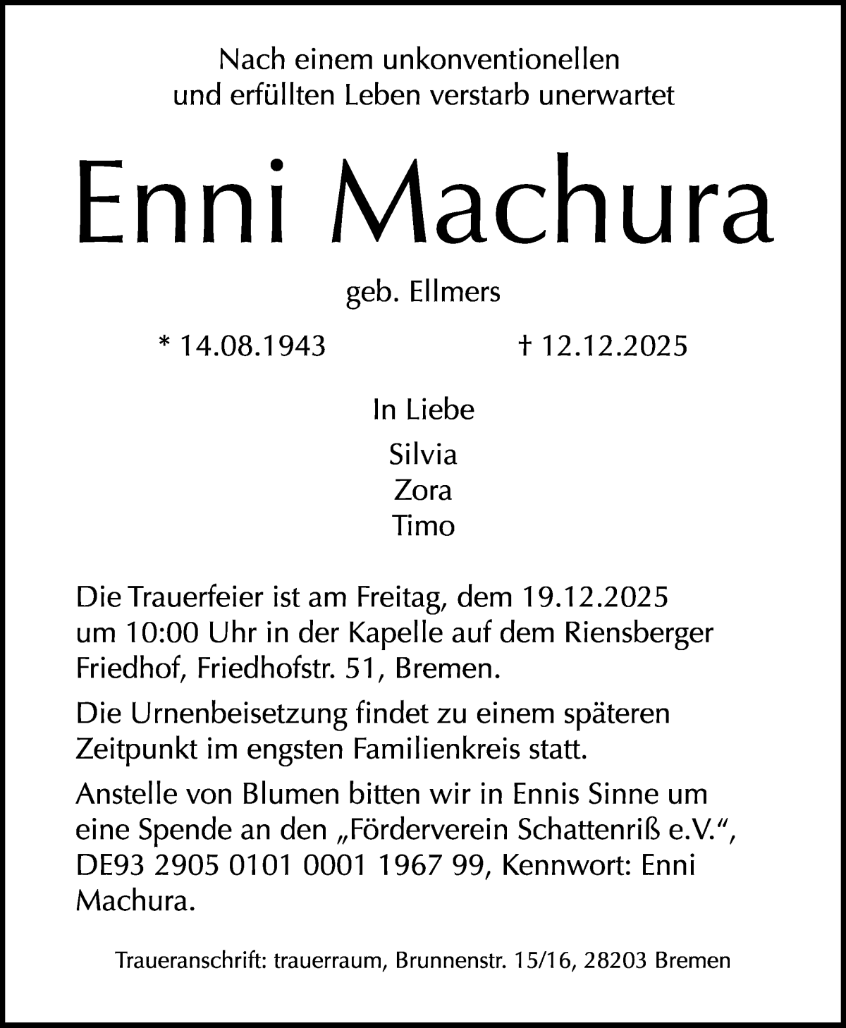 Traueranzeige von Enni Machura von Osterholzer Kreisblatt