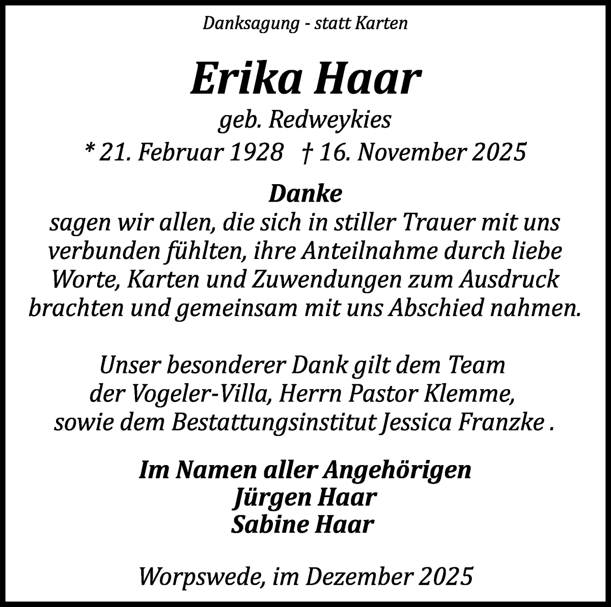 Traueranzeige von Erika Haar von Wuemme Zeitung