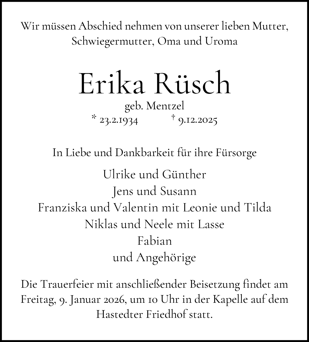  Traueranzeige für Erika Rüsch vom 20.12.2025 aus WESER-KURIER