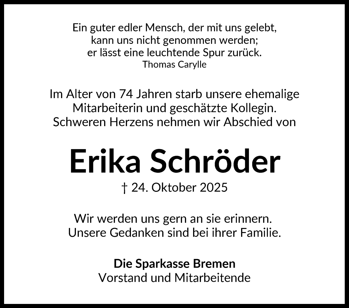 Traueranzeige von Erika Schröder von WESER-KURIER