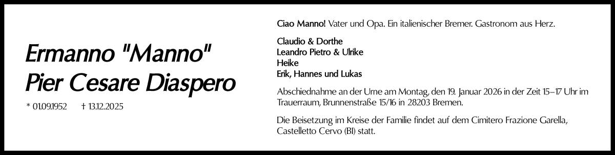 Traueranzeige von Ermanno Diaspero von WESER-KURIER