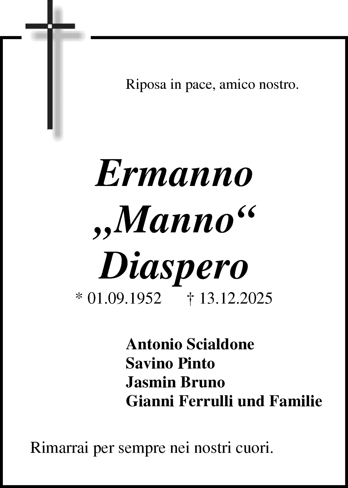 Traueranzeige von Ermanno Diaspero von WESER-KURIER