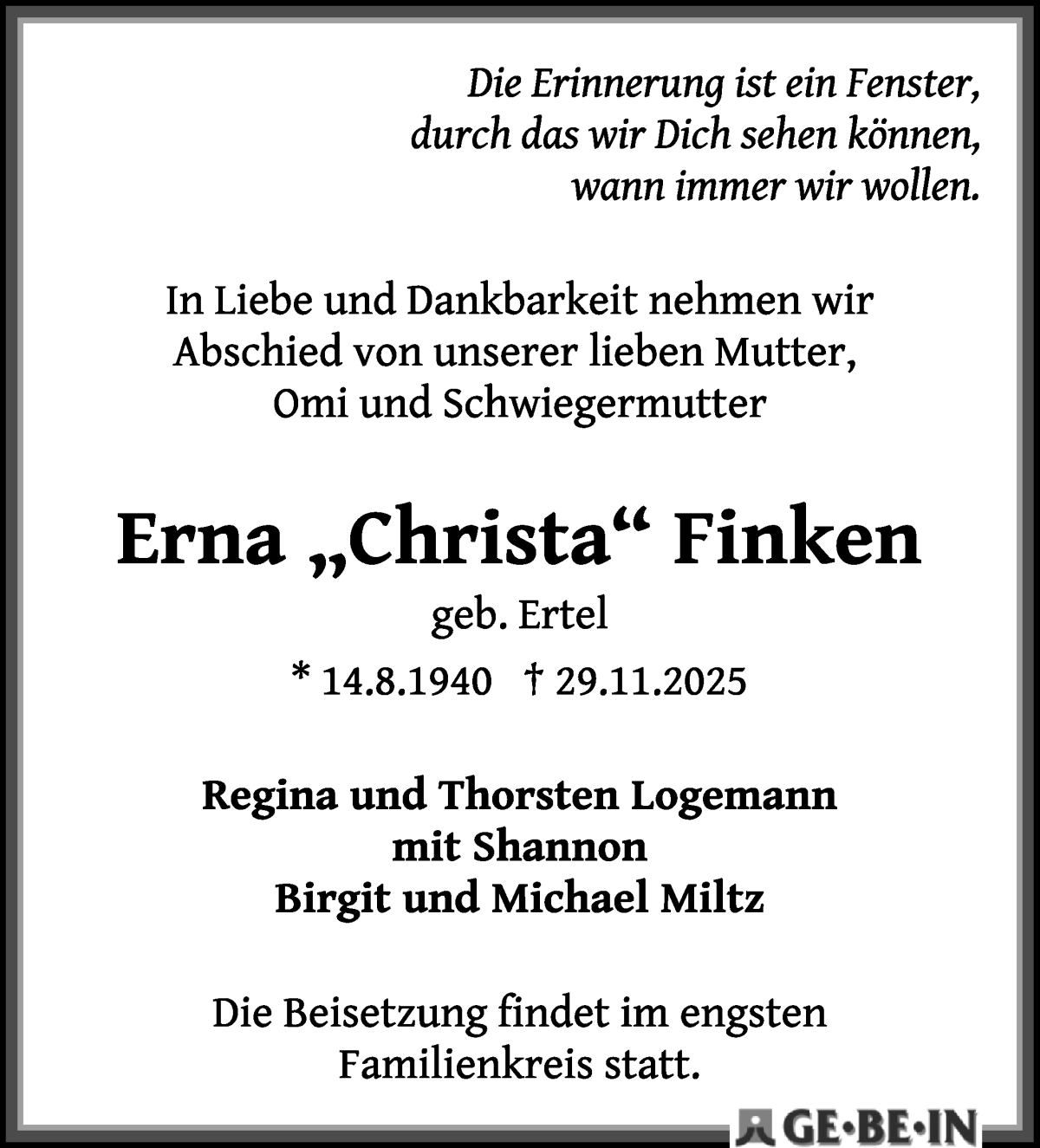 Traueranzeige von Erna Christa Finken von WESER-KURIER
