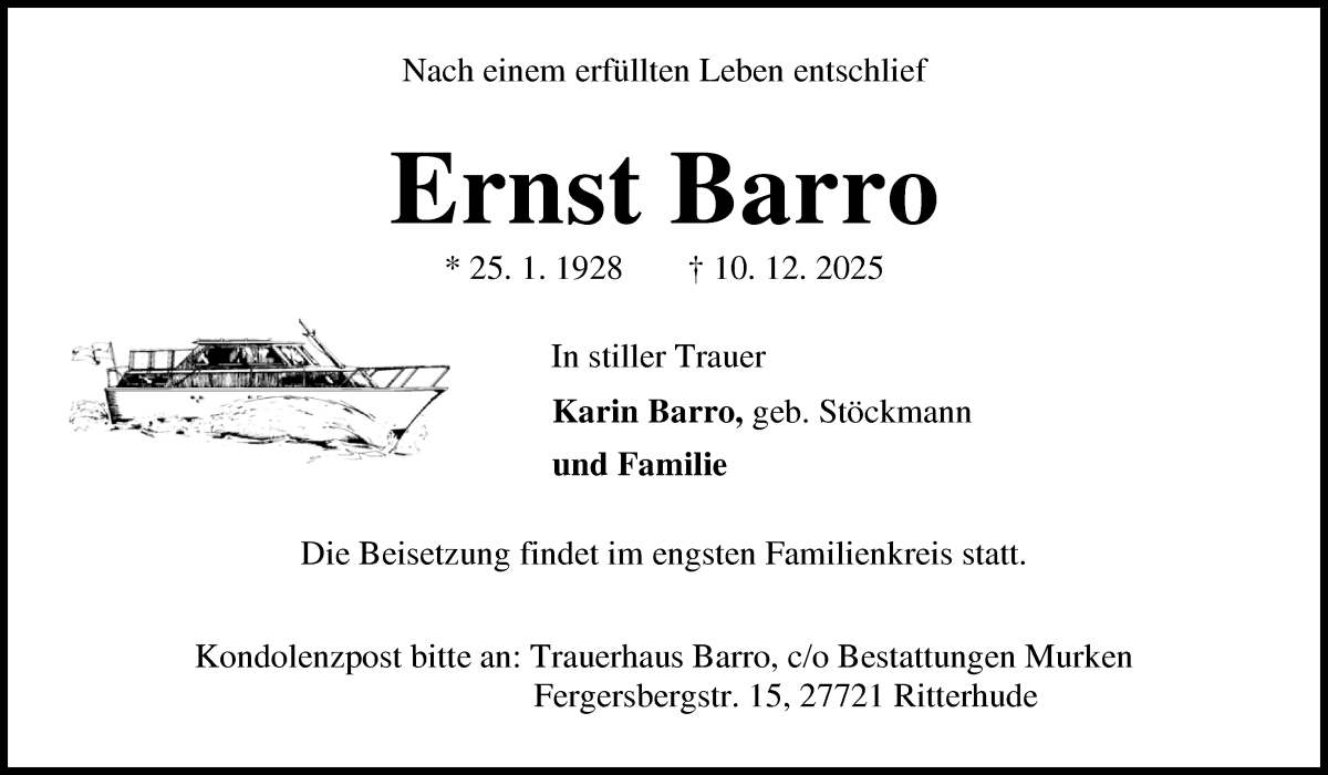 Traueranzeige von Ernst Barro von Osterholzer Kreisblatt